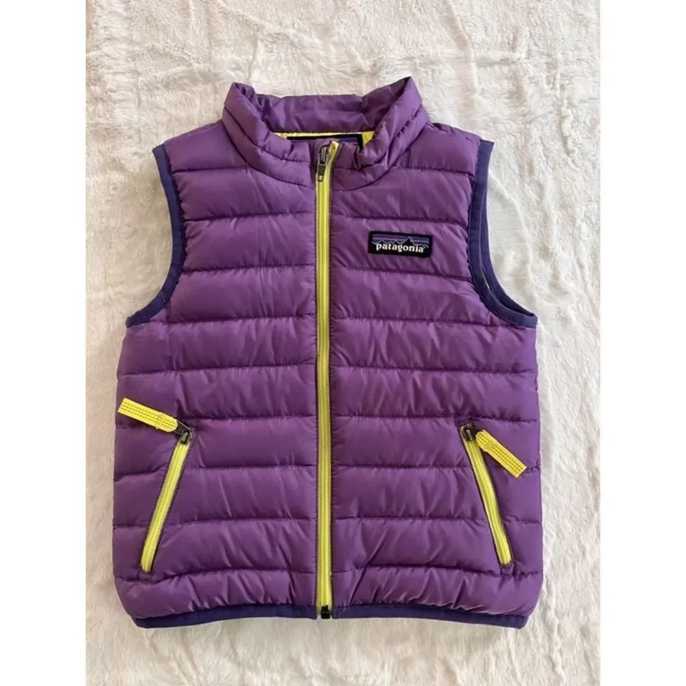 Patagonia Kids Purple Puffy Vest with Yellow Zippers